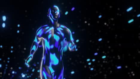 abstract background with running man. runner with wavy textured skin on the dark backdrop. 3d rander, seamless loop.