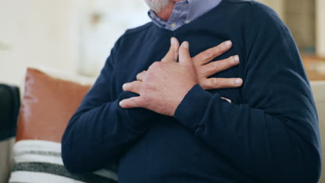 hands, chest of senior person and heart attack