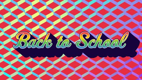 digital animation video of back to school text on multiple purple square shapes  moving against red