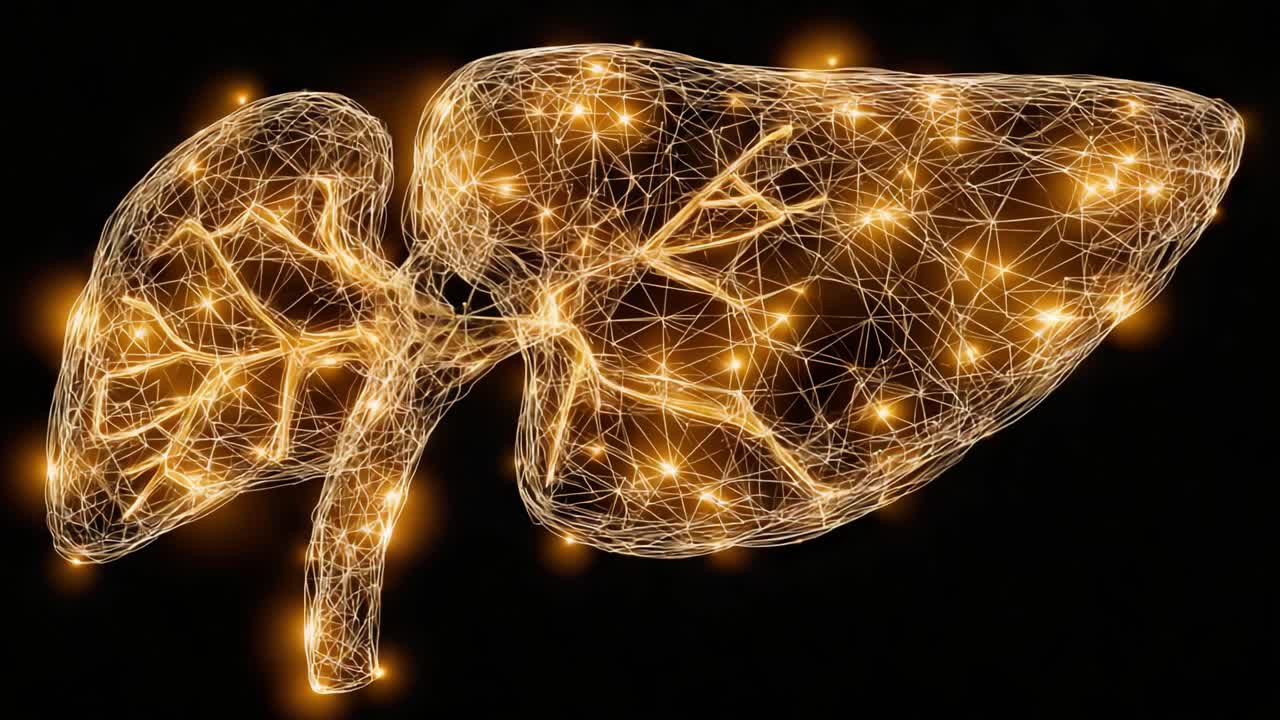 A Stunning Visual Representation of the Liver, Elaborately Designed with Glowing Connections and Lines Depicting Complex Biological Structures in a Dark Background