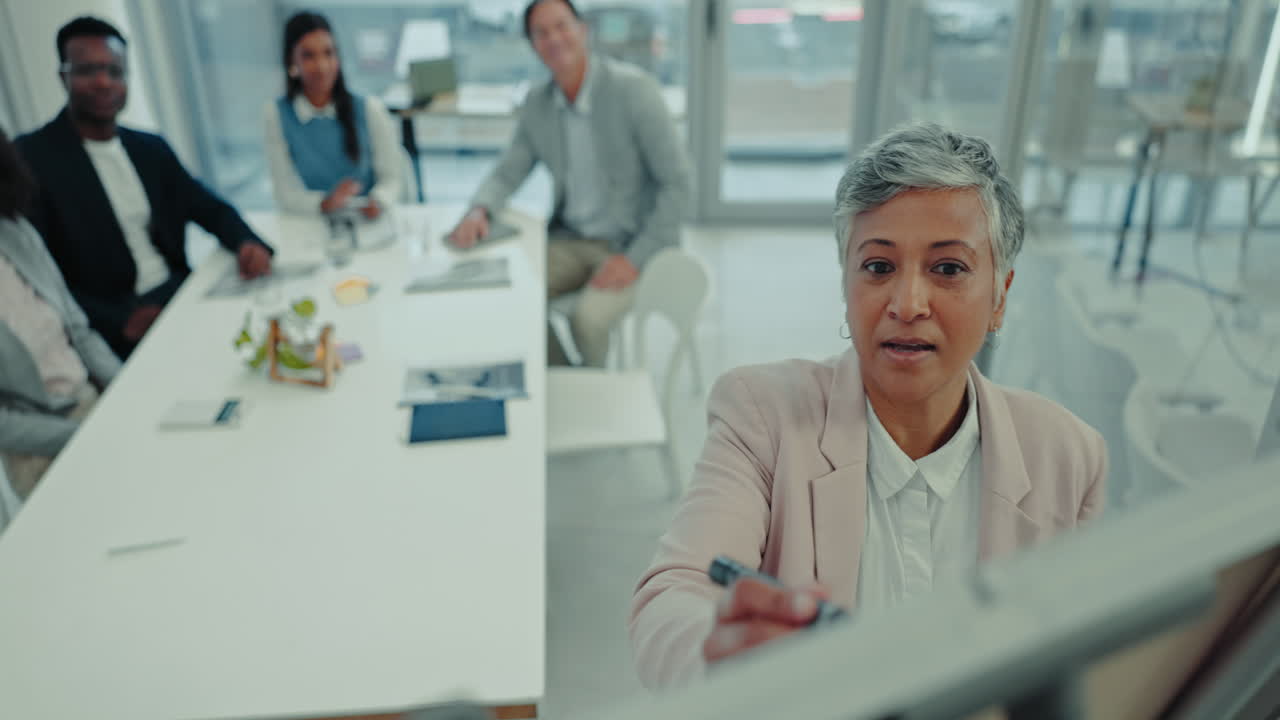 Woman CEO at whiteboard in conference room