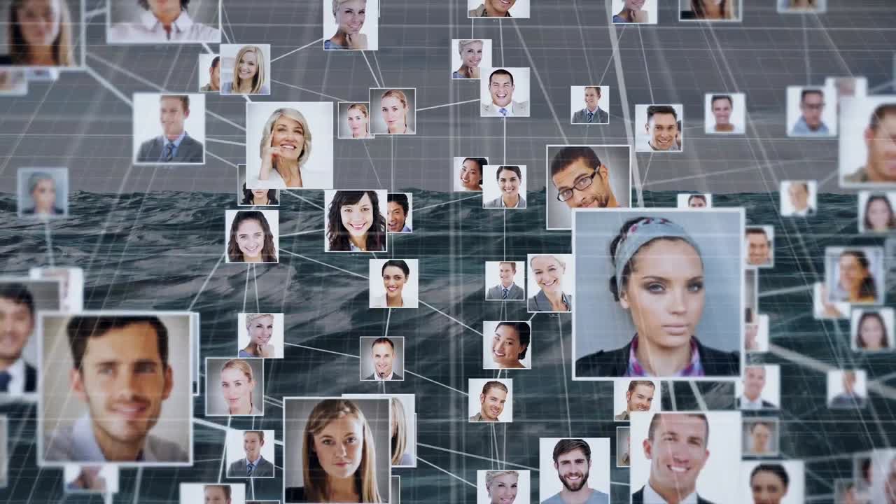 animación de la red de conexiones con personas fotos sobre el mar