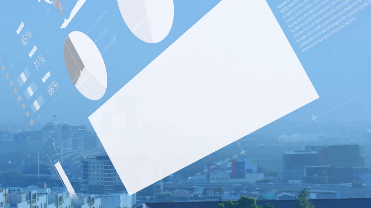 Showing infographic overlay over hazy city skyline, with pie charts, world map, bar chart