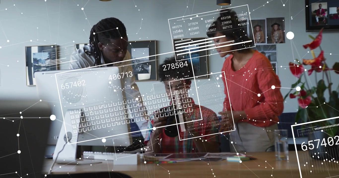 Photographer scrolling shots in studio, designer and analyst analyzing composition with AI panels