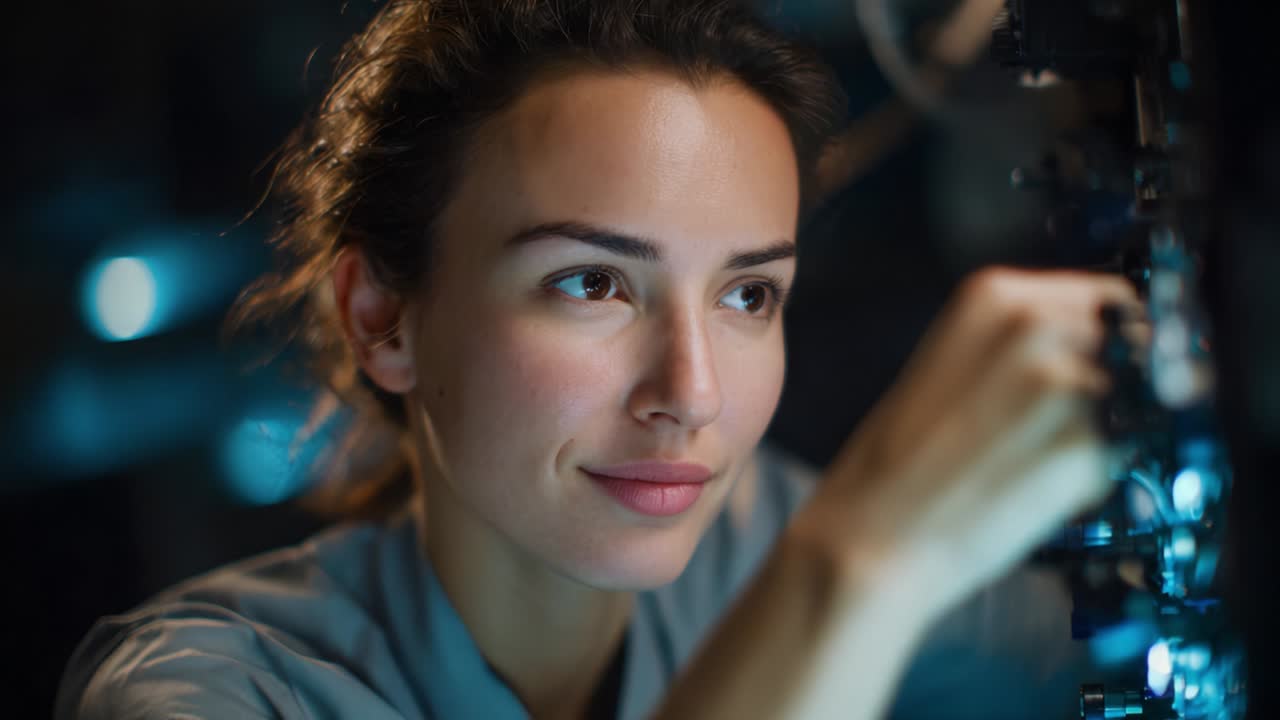 A focused woman engages in intricate work, using her skills and intellect to manipulate precise instruments in a high-tech environment, showcasing the beauty of science and dedication
