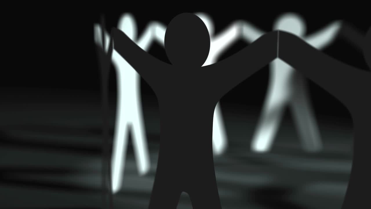 팀워크 개념: 인간 종이 인형 사람들이 회전하는 원을 잘라 그림자가 회색 바닥에 반사, 루프 배경