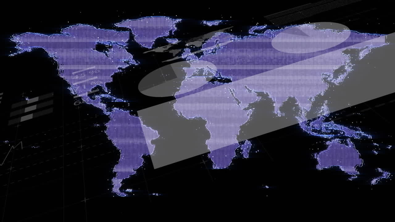 Animation of digital world map with abstract shapes and lines overlaying continents