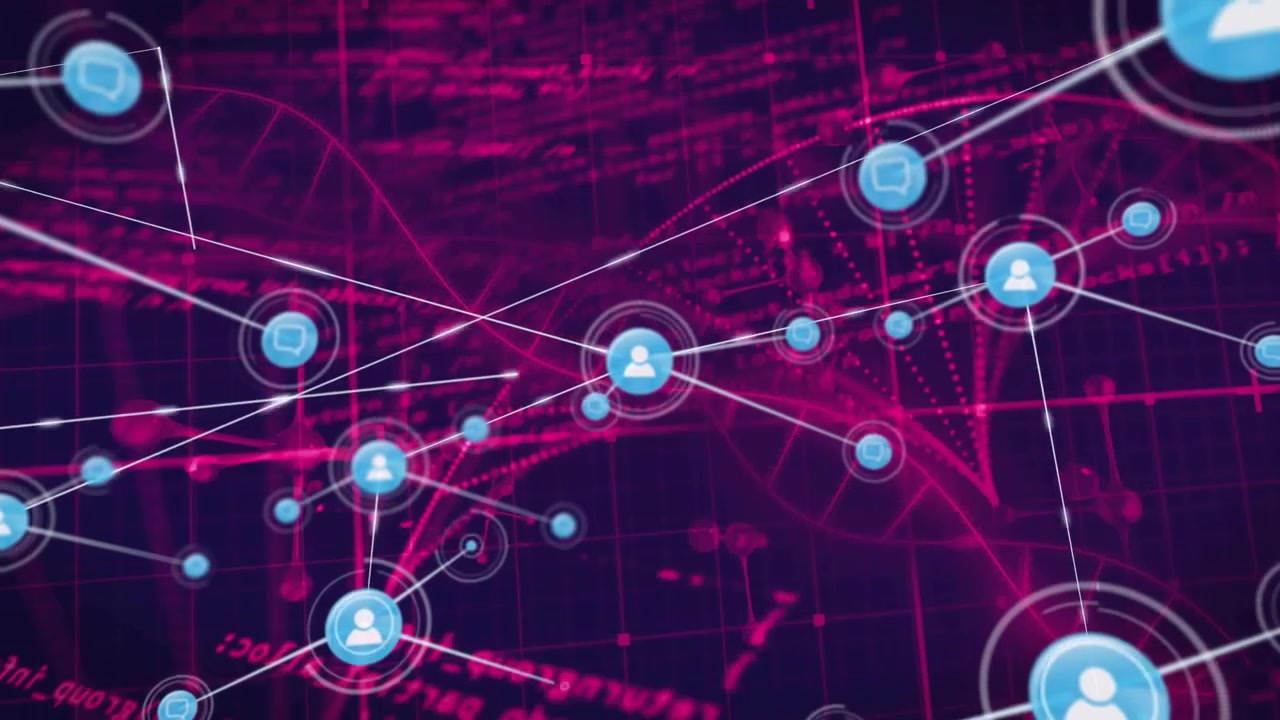 Vertical video: Pulsing dot turning avatar, spawning blue nodes across grid building network map