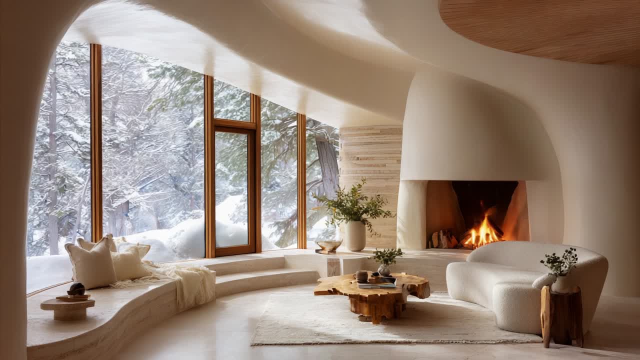 A Cozy and Modern Living Room Surrounded by Snowy Landscapes, Featuring a Beautiful Fireplace and Minimalistic Design Elements for a Warm and Inviting Atmosphere, Perfect for Winter Relaxation and Comfort