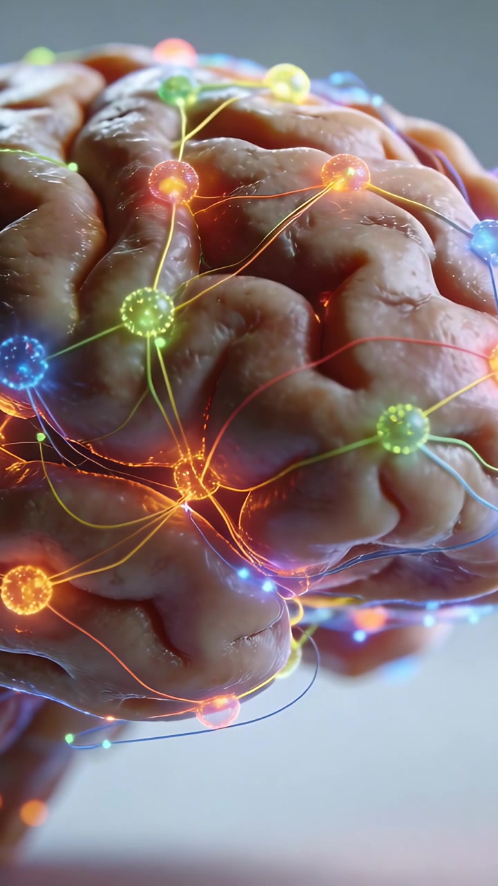 Vertical video: Receiving signal, CGI brain model pulsing nodes and sending filaments in studio