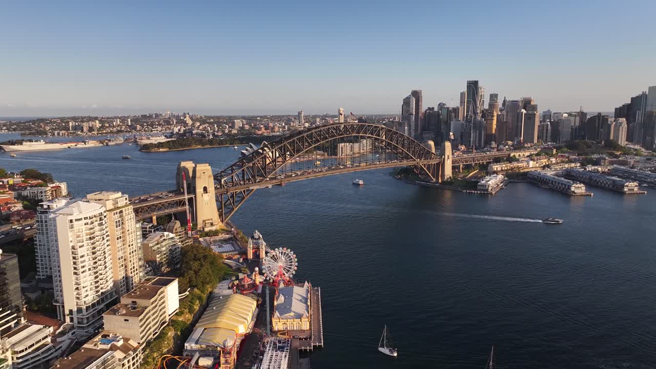 Majestic Sydney Harbour Bridge. Aerial panoramic cityscape with tall buildings and docks on shore.