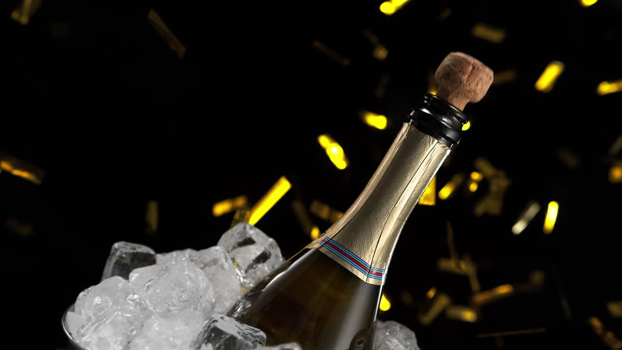 Cork Popping Out Of Champagne Bottle Chilling In A Bucket Of Ice Cubes and Golden Confetti Falling in Slow Motion