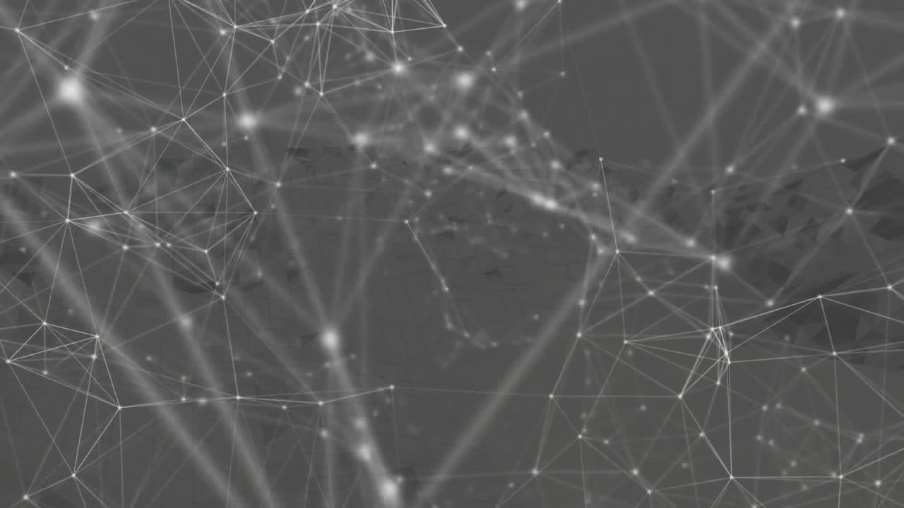 Animation showing glowing connections over geometric shapes in grayscale network
