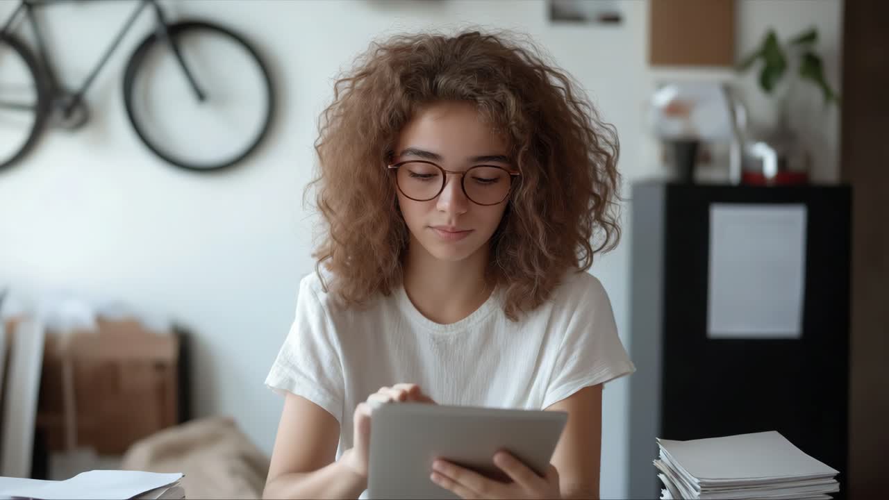 Woman Using Tablet In Modern Workspace