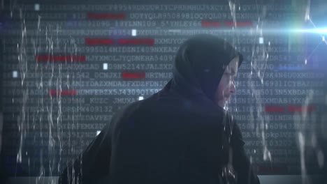 Animation of webs of connection with hacker wearing hoodie, using laptop