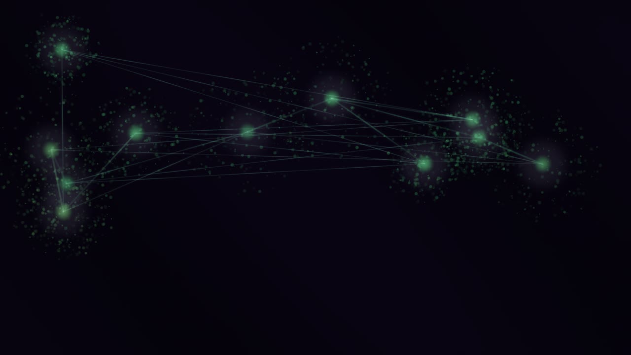 Abstract green particles and lines form interconnected clusters against a black background, creating a dynamic, network-like visual