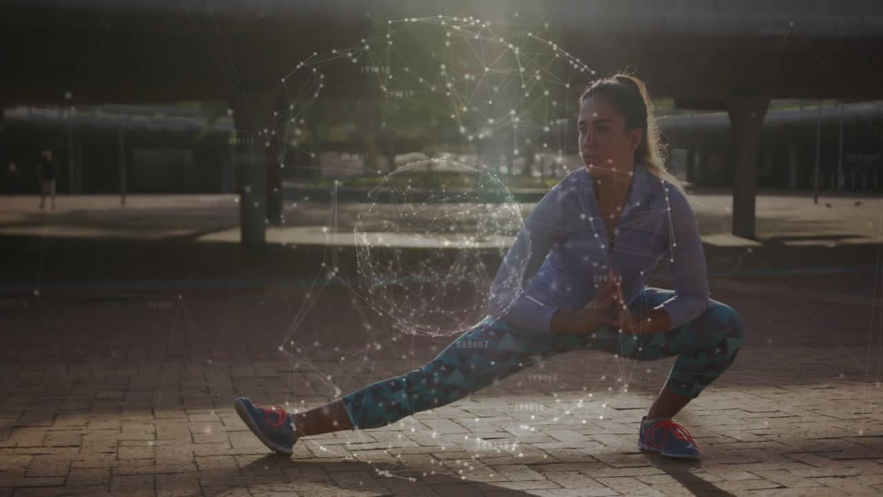 Woman shifting weight into side lunge in brick plaza near bench, holographic globe pulsing wellness