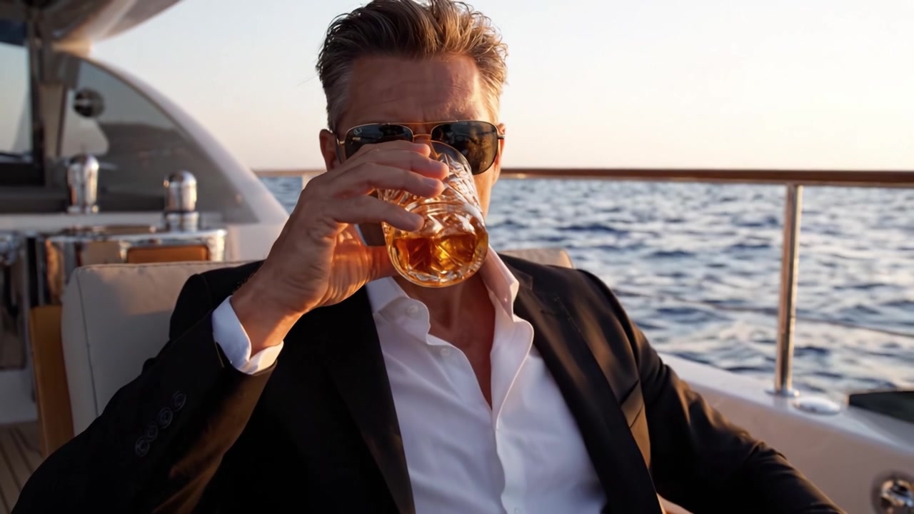 Un hombre sofisticado disfrutando de una tarde relajante en un yate con un vaso de whisky, contemplando las tranquilas aguas y las vistas panorámicas al atardecer.