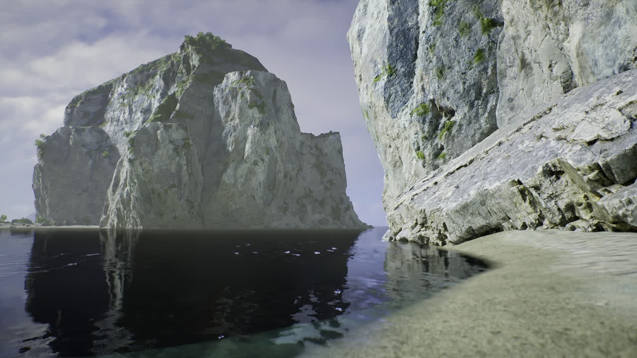 Misty peaceful cliffs calm waters beneath shrouded foggy cliffs