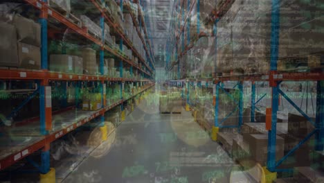 animación del procesamiento de datos del mercado de valores sobre un almacén vacío contra monedas que caen en el agua
