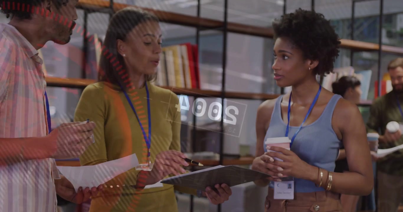 Center woman tapping clipboard starting office doc review, man pointing papers, overlays animating