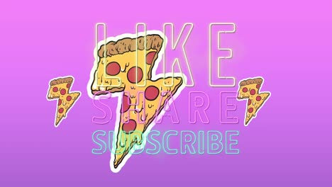 multiple pizza slice icons over neon like share subscribe neon text banner against purple background