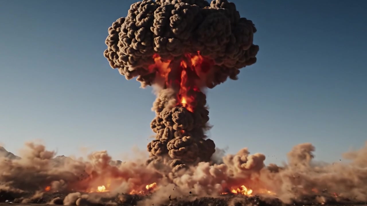 Dramatische Transformation einer Wüstenlandschaft während eines explosiven Ereignisses, das einen hellen Blitz, gefolgt von einem mächtigen Ausbruch und einer sich ausbreitenden Rauchwolke, zeigt