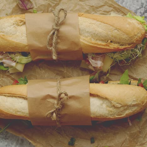 sándwiches con jamón, verduras frescas y hierbas servidas en papel marrón para hornear sobre fondo de hormigón