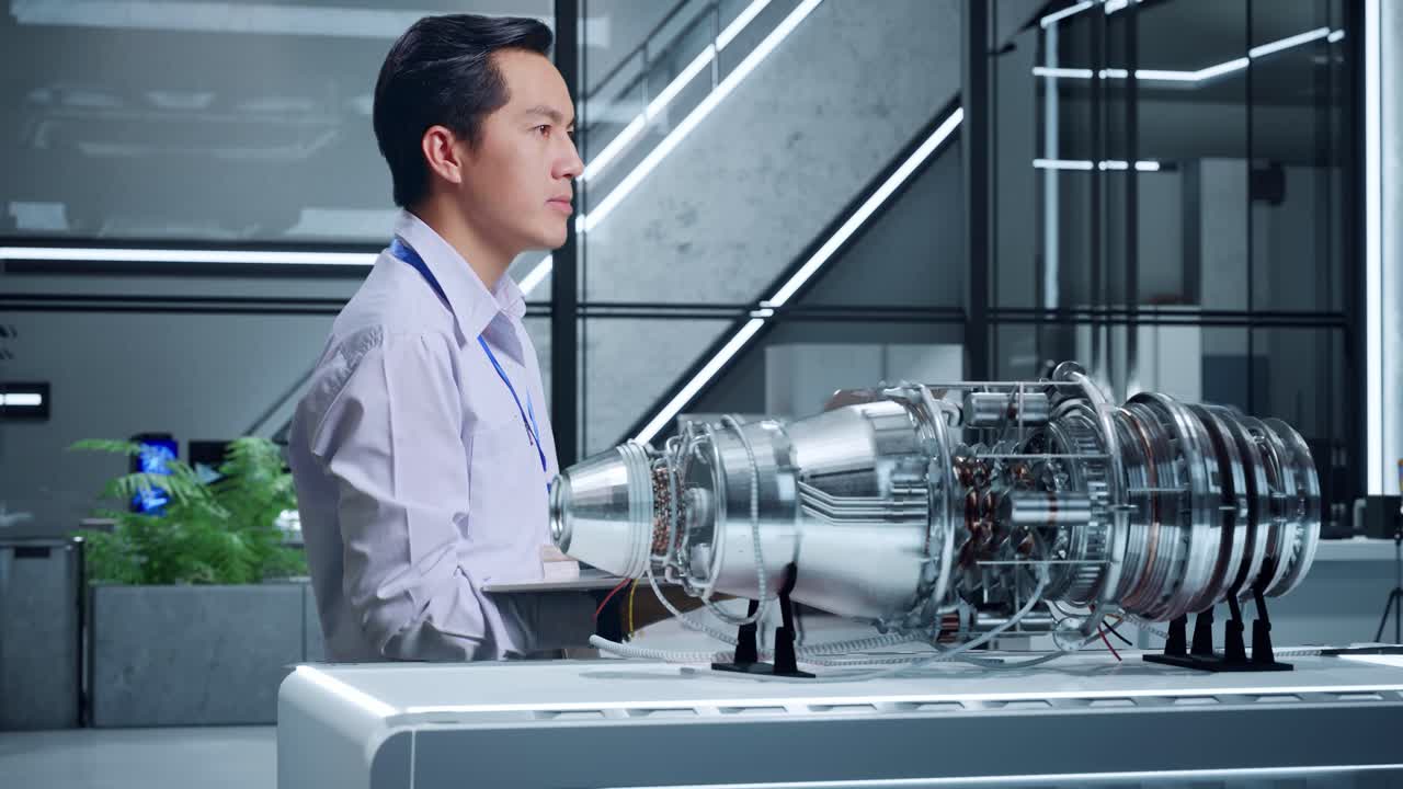 제트 엔진 프로토타입을 검사하는 엔지니어