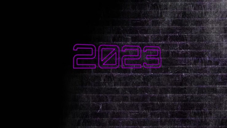 Animazione di testo neon 2023 su parete di mattoni neri