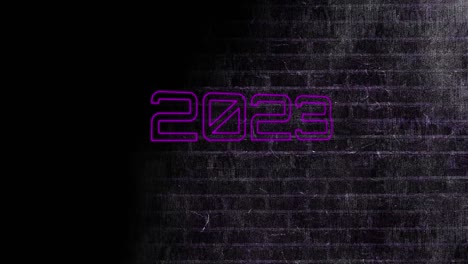 Animation-of-neon-2023-text-over-black-brick-wall