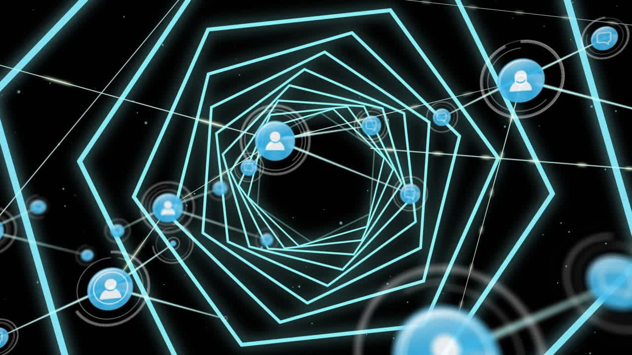 검은 바탕에 파란색 나선 위의 아이콘으로 연결 네트워크의 애니메이션