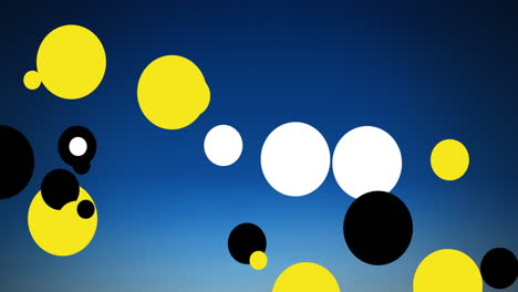 animación de manchas amarillas, negras y blancas flotando sobre un fondo azul