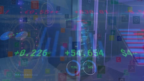 animación del procesamiento de datos financieros y estadísticas a través de servidores informáticos