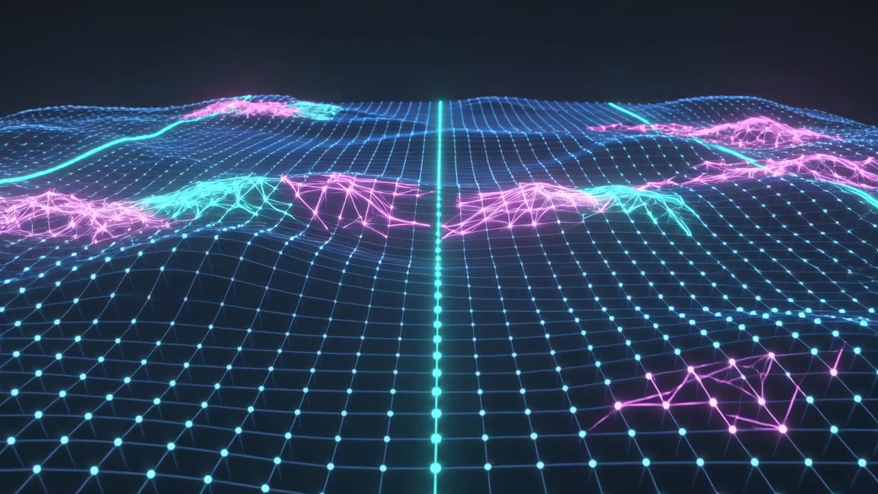 Animating neon wireframe terrain forming magenta cyan wave peaks in 3D space, central cyan column