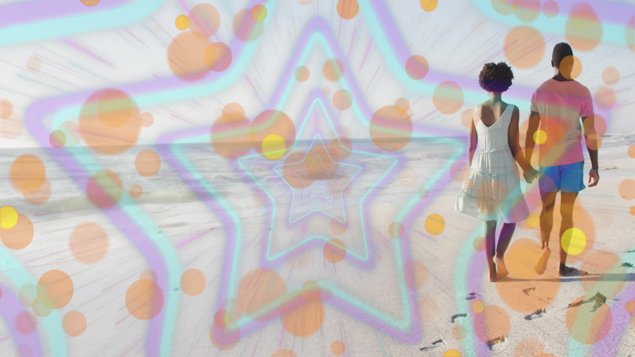 Couple walking on beach with colorful star and circle animation overlay
