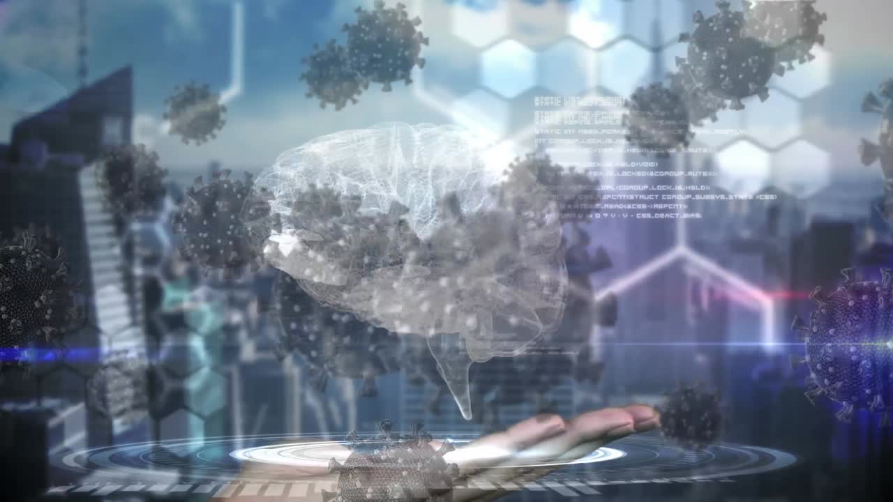 Covid-19 cells over brain spinning over a hand against data processing and aerial view of cityscape