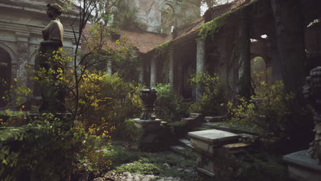 abandoned courtyard overgrown with plants in a historic setting