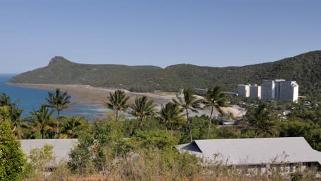 Overlooking-hamilton-island-tourist-area,-with-palm-trees-swaying-in-breeze,-catseye-beach-and-buildings-in-front-of-mountain-range-on-sunny-summer-day