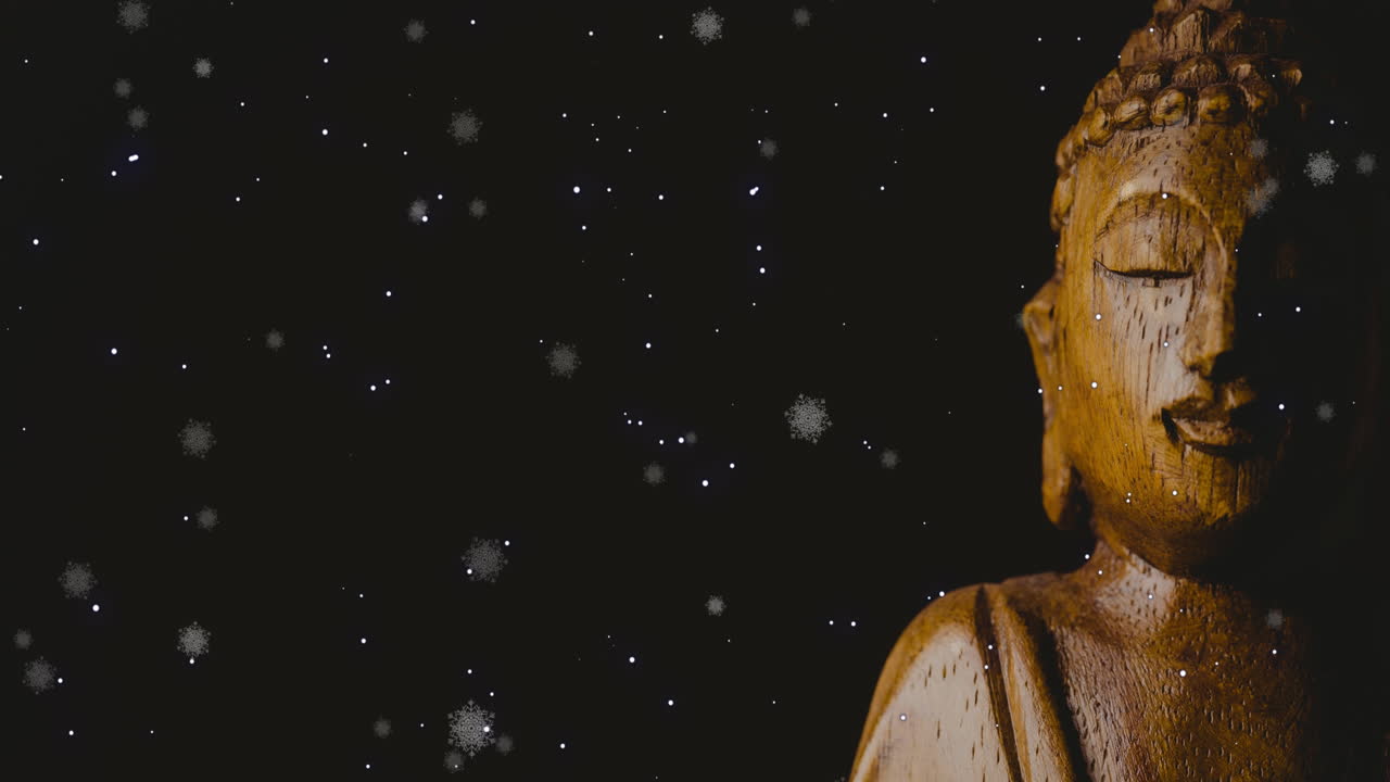 animación de nieve cayendo sobre buda sobre un fondo negro