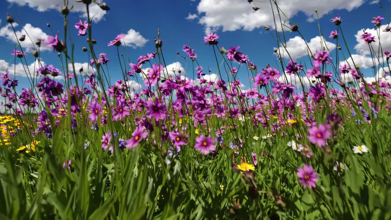 Vídeo em ângulo baixo capturando flores silvestres vibrantes contra um céu azul brilhante com nuvens fofas