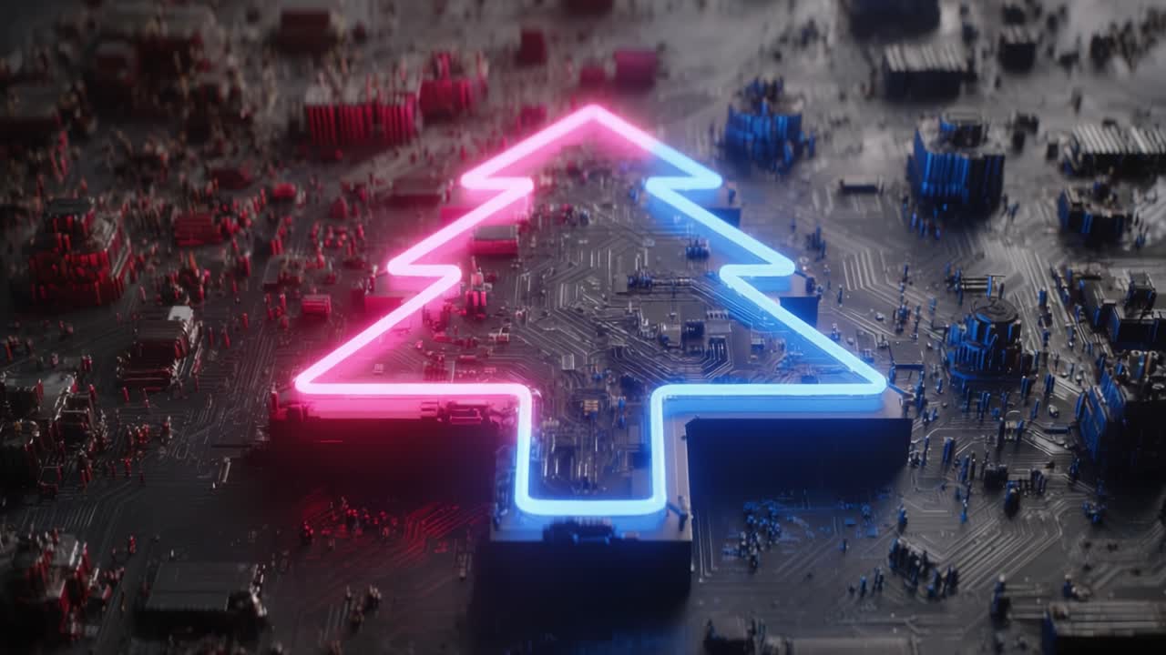 A Digital Holiday Scene Featuring a Neon Christmas Tree Design Set Against a Circuit Board Background, Highlighting Modern Technology and Festive Spirit in Unison