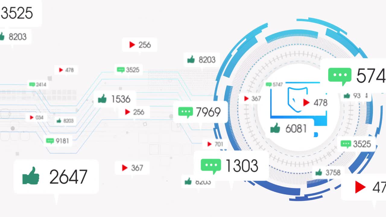 Loading metrics UI blue monitor animating shield chart updating counts for engagement insights