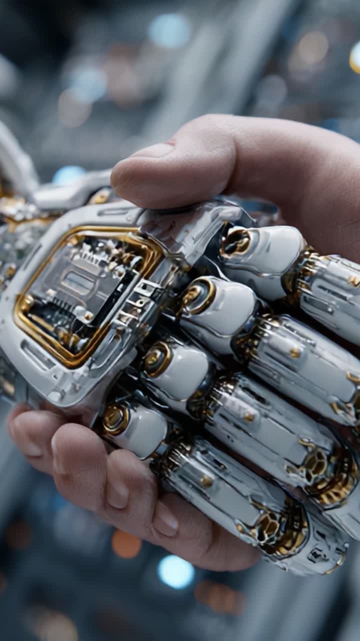Nærbillede af en højteknologisk robothånd, der viser indviklede detaljer og avanceret mekanik, og som forener menneskelig berøring med futuristisk teknologi i et innovativt design
