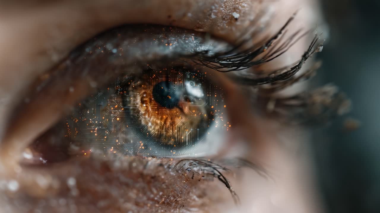 A Close-Up View of an Eye Reflecting a Vibrant, Urban Landscape with Twinkling Lights and Textures, Capturing Depth and Intriguing Details in a Creative Artistic Style