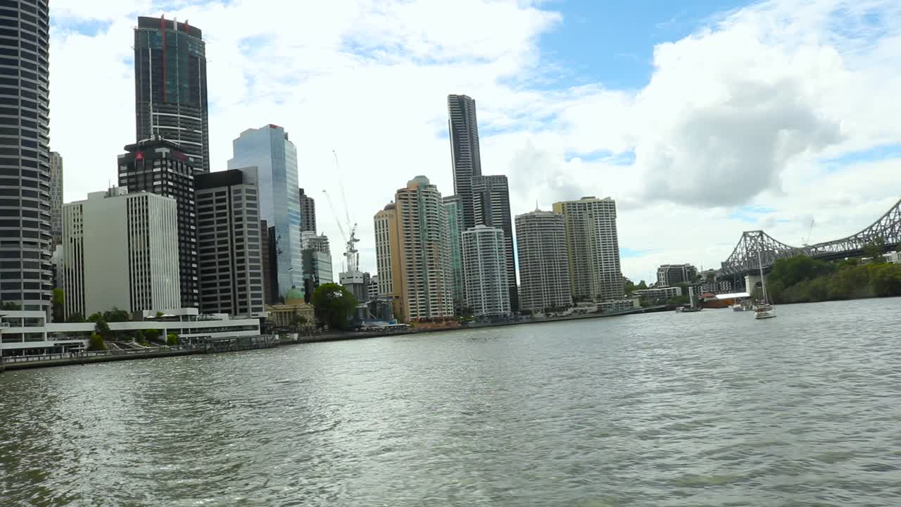 Brisbane city and Story Bridge from a moving ferry.