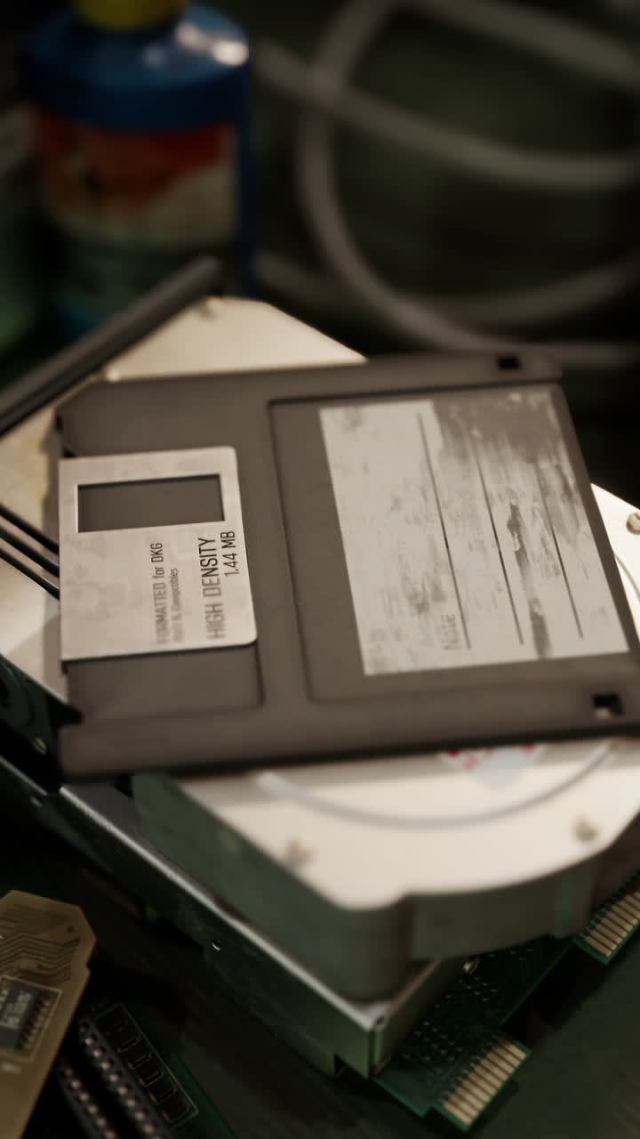 Close-up of a 3.5 inch floppy disk and other computer hardware