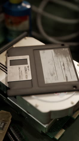 close-up of a 3.5 inch floppy disk and other computer hardware