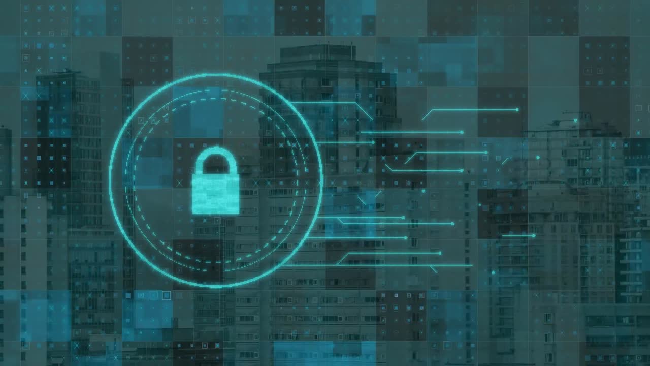 animación del icono digital del candado sobre el paisaje urbano