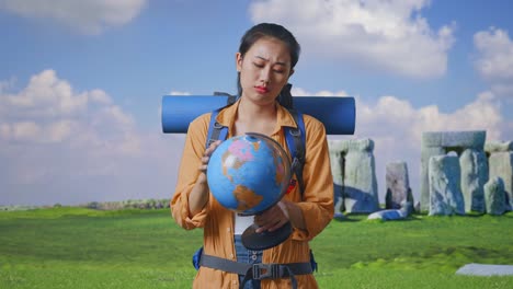 asian female hiker with mountaineering backpack looking at world globe in her hands and making confused gesture while traveling in stonehenge